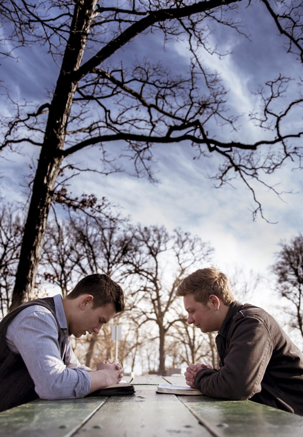 Two men sitting on a bench with bibles and praying in a garden under sunlight with a blurry background